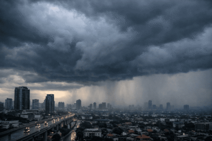 Langit mendung dan awan hujan menyelimuti wilayah perkotaan di Indonesia. BMKG memprakirakan potensi hujan pada periode 03–09 Februari 2026.