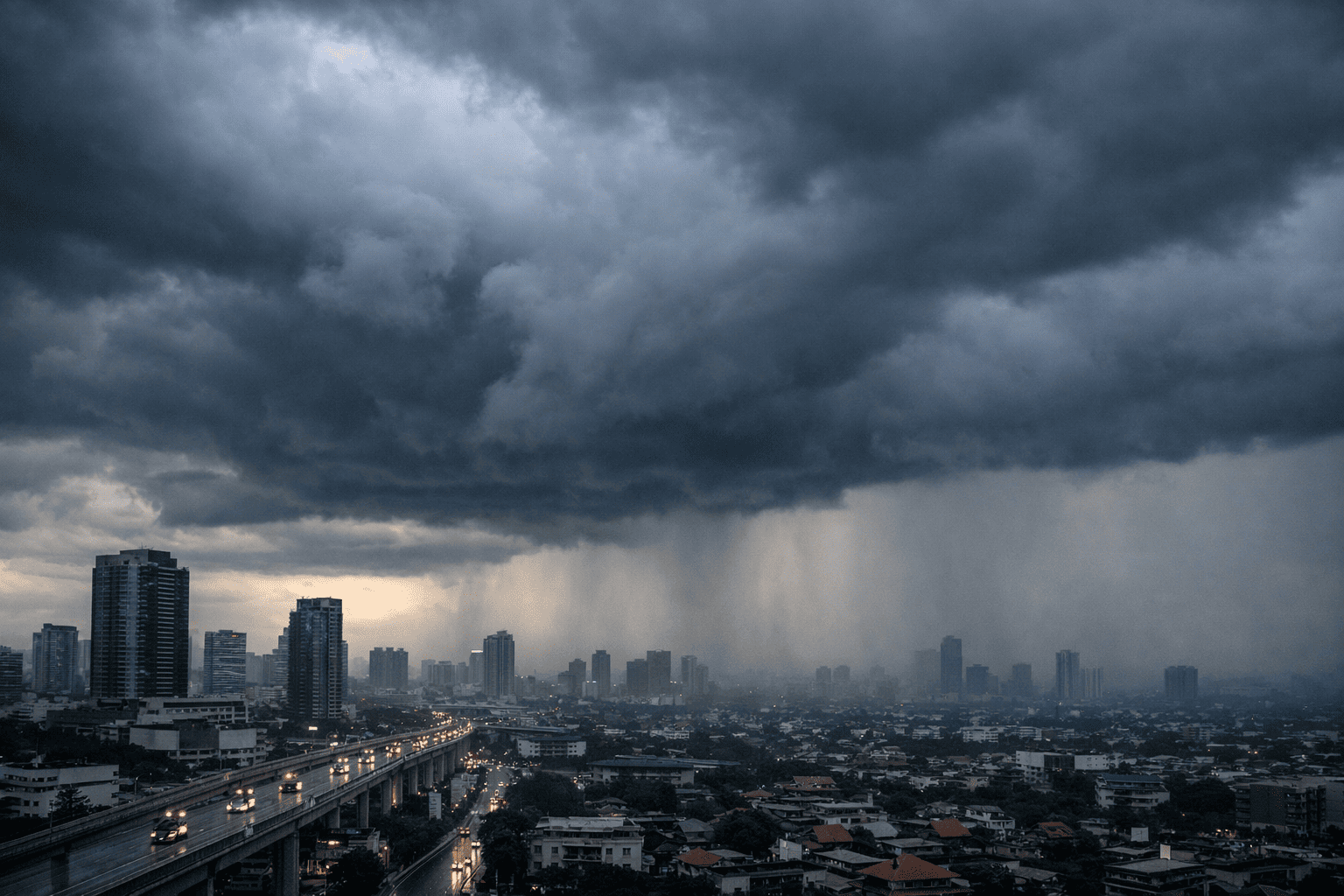 Langit mendung dan awan hujan menyelimuti wilayah perkotaan di Indonesia. BMKG memprakirakan potensi hujan pada periode 03–09 Februari 2026.